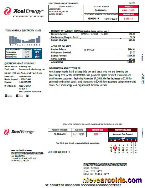 USA Xcel Energy utility bill, version 2